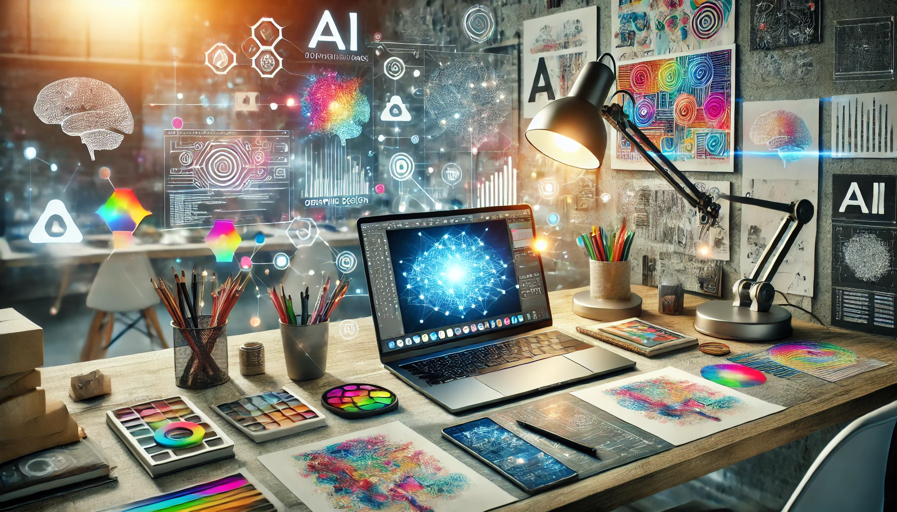 AI generated image of computer surrounded by color palettes and other design-related things on a desk.